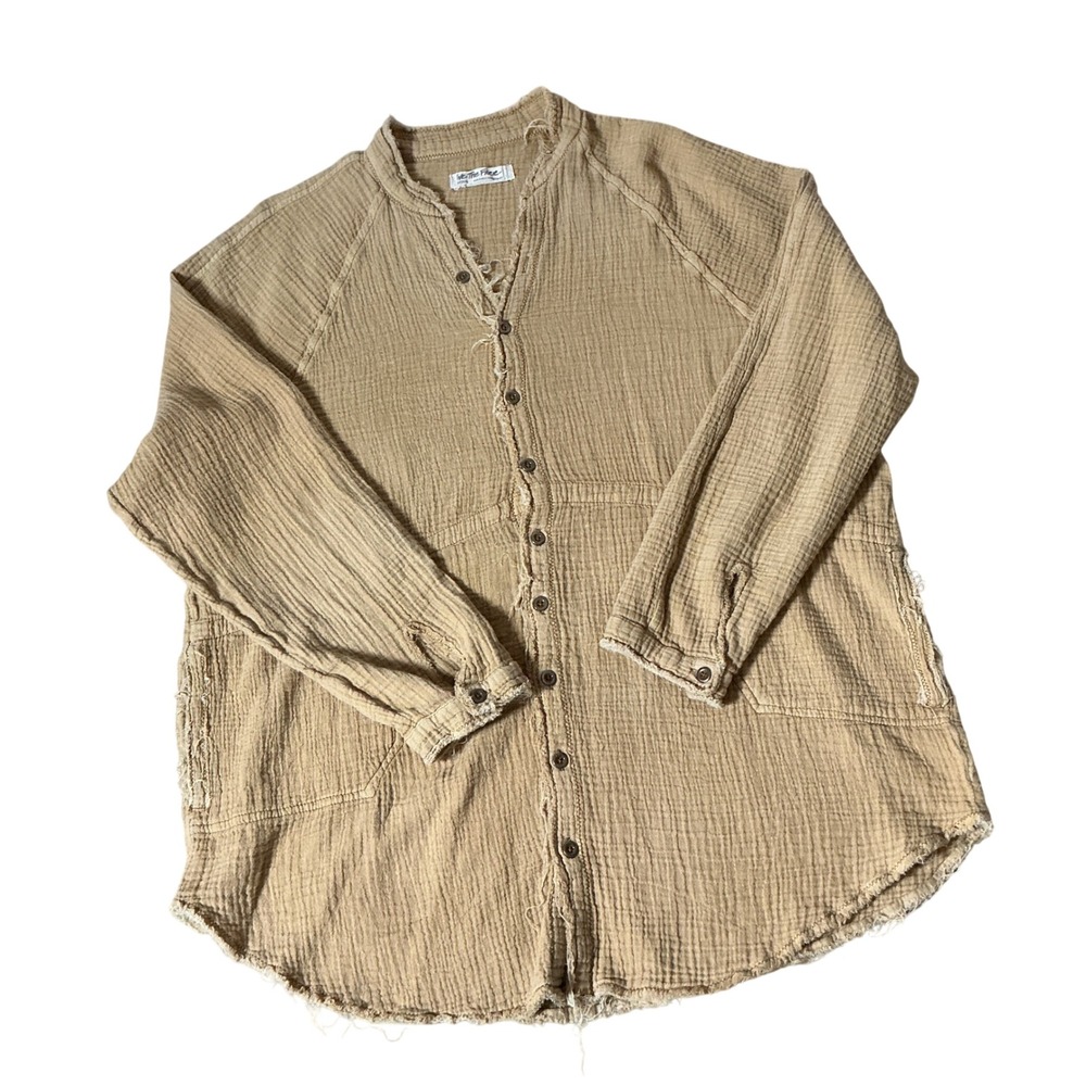 We The Free Boho Gauze Button Down Shirt Womens Medium Tan Raw Hem Oversized Top